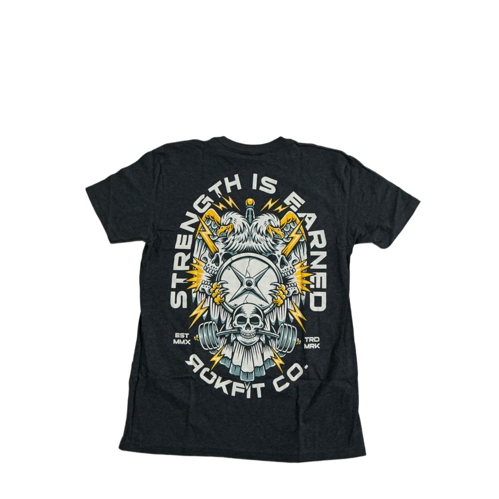 RokFit Strength Is Earned T-Shirt Mens Medium Charcoal Gray Eagle Skull Graphic